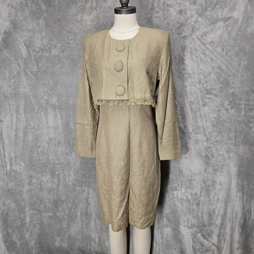 Vtg‎ Steven Stolman Womens 12 Beige One Piece Blazer Dress Career Fringe Tweed